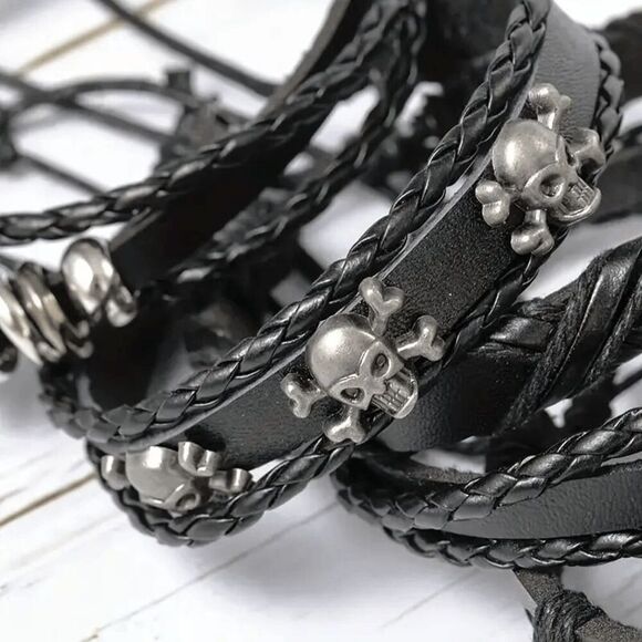 Punk Skull Star Leather Woven Bracelets - 6 Piece - Picture 5 of 6